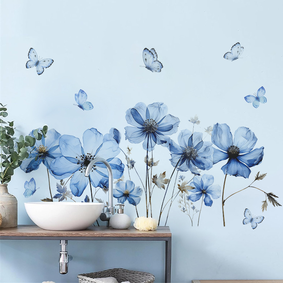 Home Decor Vinyl Flooring - 신선한 파란 나비와 꽃 벽 스티커,